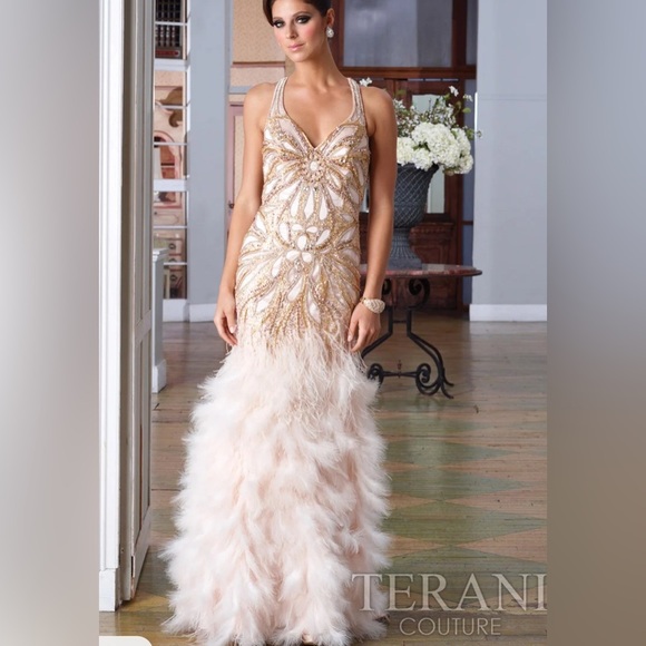 Terani Couture Gold and White Feathered Dress sz 4​ - Picture 2 of 9